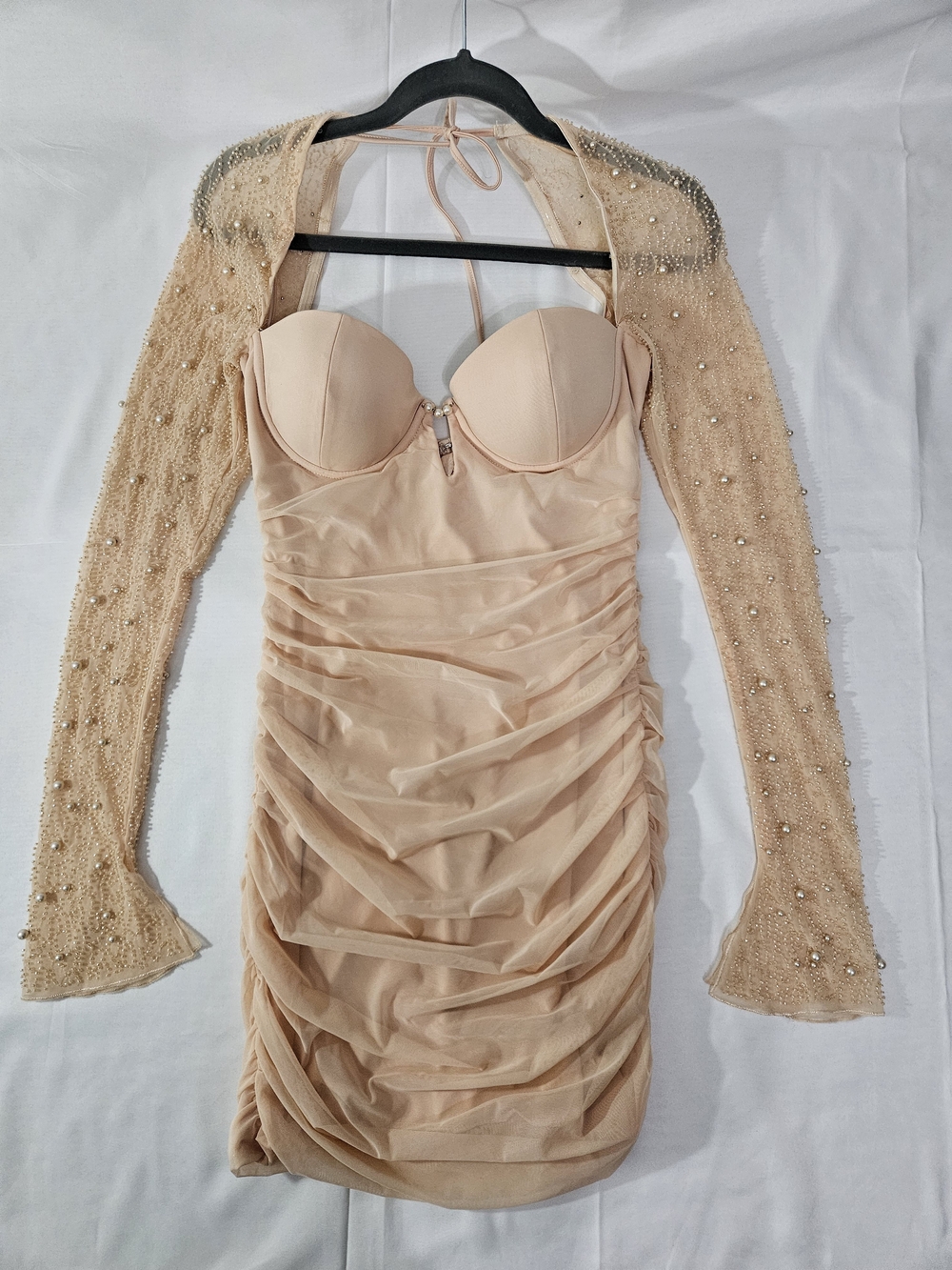 Oh Polly Beaded Mesh Sleeve Ruched Nude Bodycon Dress